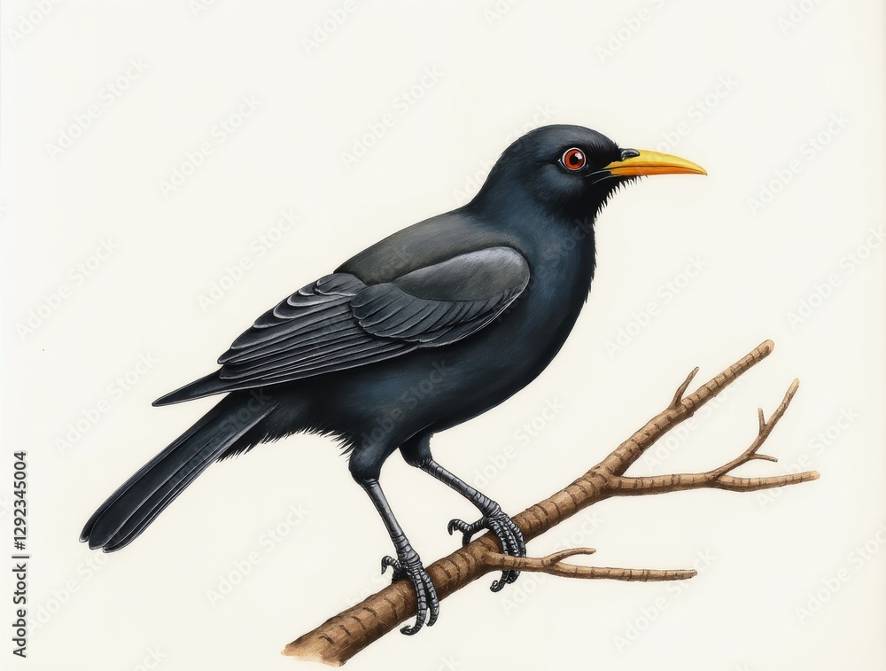 Blackbird perching on branch watercolor painting Blackbird perching on branch watercolor painting