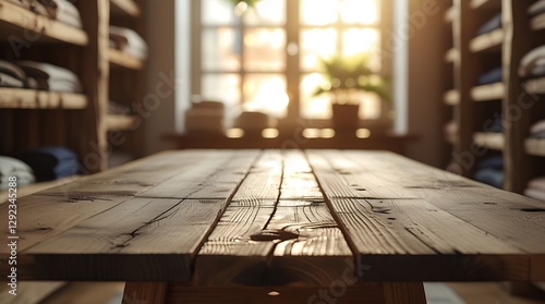 Rustic wooden table in a cozy, sunlit boutique or café with warm natural light, wooden shelves, indoor plants, and a charming vintage ambiance, creating a welcoming and organic atmosphere.

