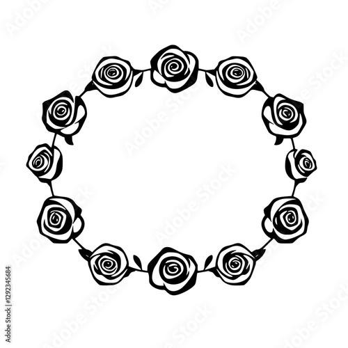 A minimalist vector illustration of a black and white rose wreath. A circular arrangement of stylized roses, creating a floral frame.