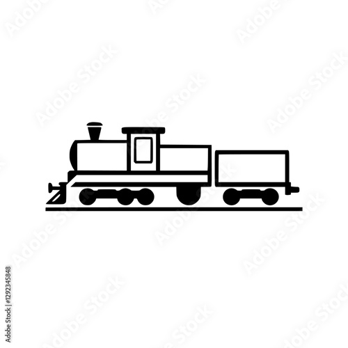 Black and white simplified vector illustration of a steam train pulling a wagon on a track.