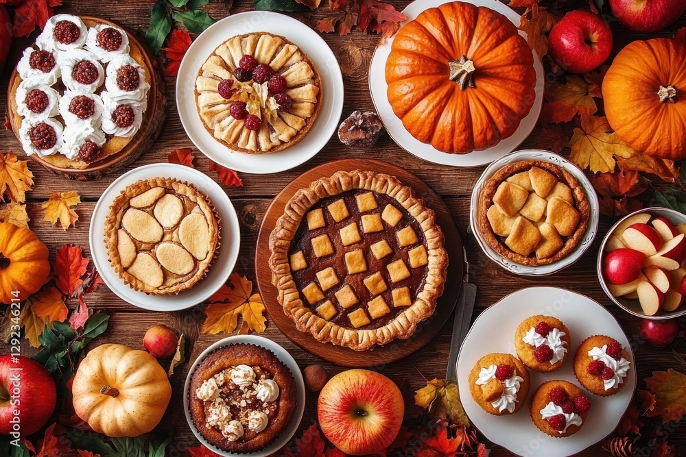 Autumn Feast rustic wooden table with pumpkin pie apple pastries cupcakes warm cozy atmosphere Autumn Feast rustic wooden table with pumpkin pie apple pastries cupcakes warm cozy atmosphere