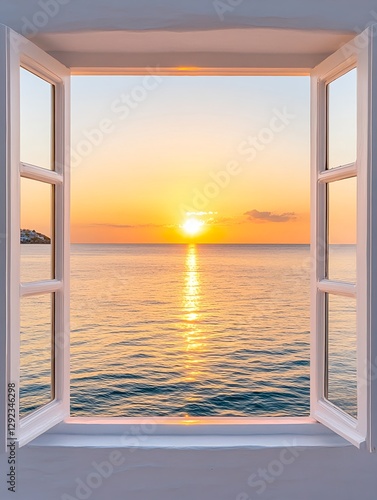 Sunset ocean view window with golden sky and gentle waves