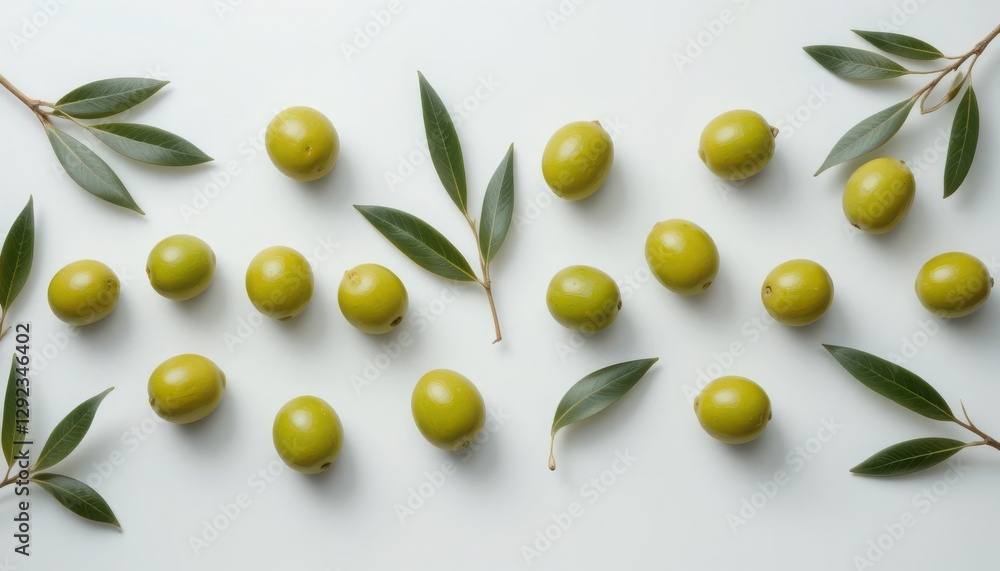 Arrangement of Green Olives and Leaves on a White Background Arrangement of Green Olives and Leaves on a White Background