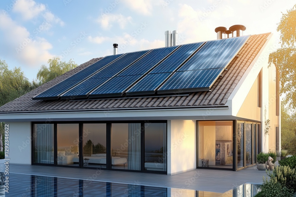 Solar Panels on Modern Roof in Minimalistic Style Solar Panels on Modern Roof in Minimalistic Style