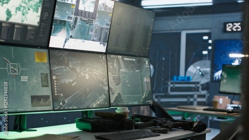 Quadro su tela Close up of screens in empty control center housing operational missile defense system designed to intercept ballistic threats