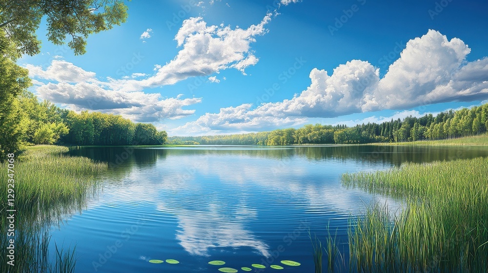 Fototapeta premium Tranquil lake scene with lush greenery, blue sky and fluffy clouds, digital art illustration, nature scenery, nature wallpaper