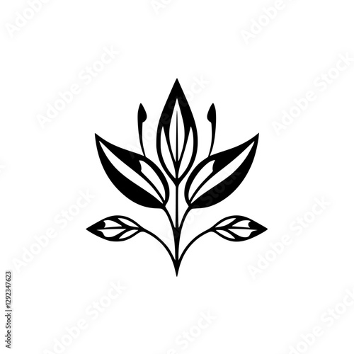 Black-and-white floral design of a stylized flower with black lines and leaves.