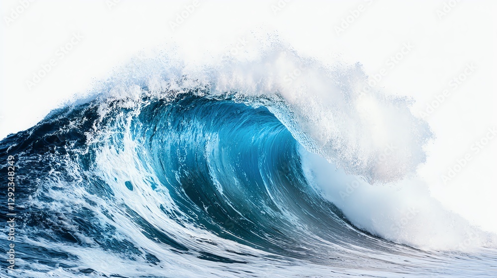 A powerful ocean wave curls majestically, showcasing vibrant blue hues and white frothy tips against a pale background. A powerful ocean wave curls majestically, showcasing vibrant blue hues and white frothy tips against a pale background.