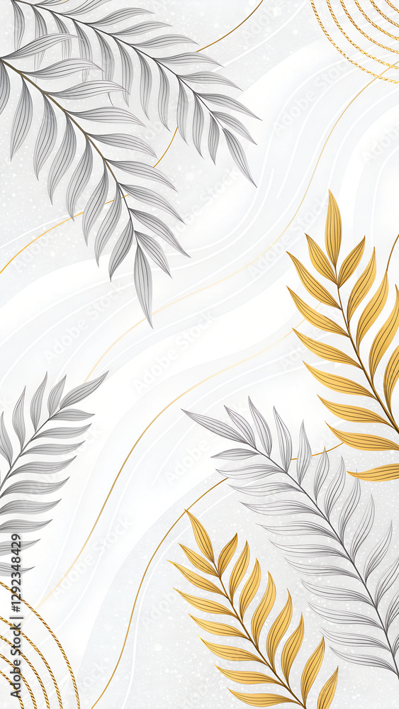 Fototapeta premium Elegant Gold and Silver Fern Leaves on Abstract White Textured Background