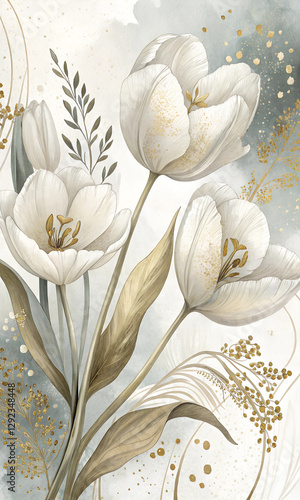 Elegant White Tulips with Gold Accents in Artistic Watercolor Floral Illustration

