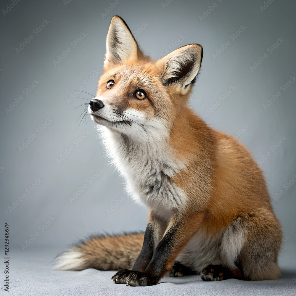 Fototapeta premium Curious Red Fox Sitting on Grey Background with Attentive Expression and Fluffy Fur in Studio Lighting