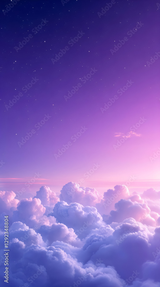 Fototapeta premium Dreamy Sky, Fluffy Clouds, Purple Sunset, Starry Night Background, wallpaper
