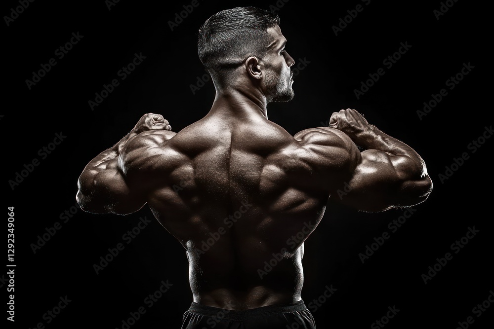 Muscular Bodybuilder Flexing Back Muscles in Dramatic Lighting Isolated on Black Background Muscular Bodybuilder Flexing Back Muscles in Dramatic Lighting Isolated on Black Background