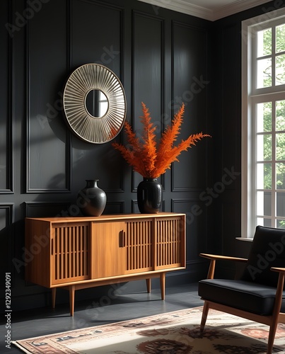 Wallpaper Mural Elegant mid-century modern interior with a wooden sideboard, round mirror, dark walls, and warm autumnal decor, creating a stylish and sophisticated living space with vintage charm.

 Torontodigital.ca