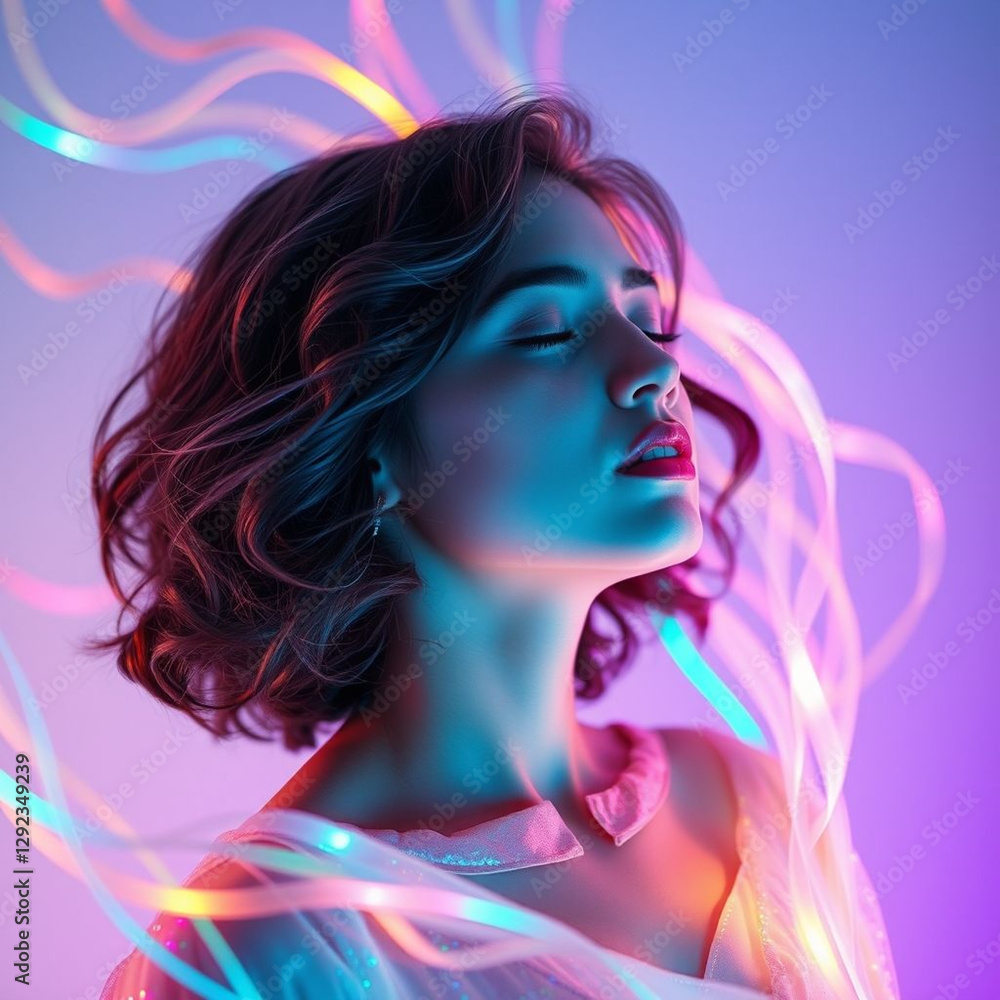 A young woman bathed in cascading multicolored light, her short wavy hair catching the glow as she closes her eyes in serene contemplation A young woman bathed in cascading multicolored light, her short wavy hair catching the glow as she closes her eyes in serene contemplation