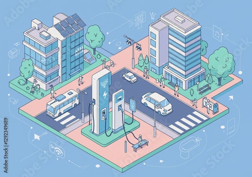 Isometric illustration of an electric vehicle charging station in a smart city