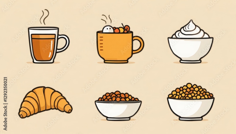 Obraz premium Breakfast Illustration with Croissant, Coffee and Cereal Bowls Arrangement