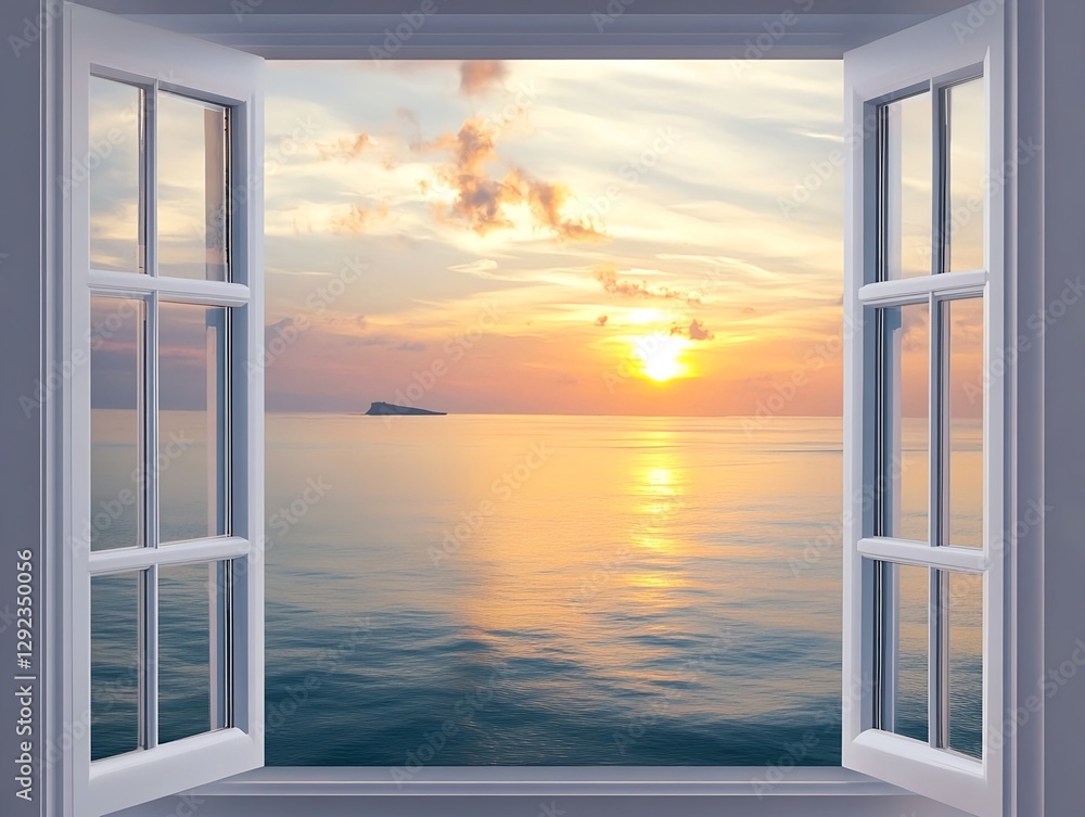 A seaside sunset from an open window offers a relaxed and timeless view A seaside sunset from an open window offers a relaxed and timeless view