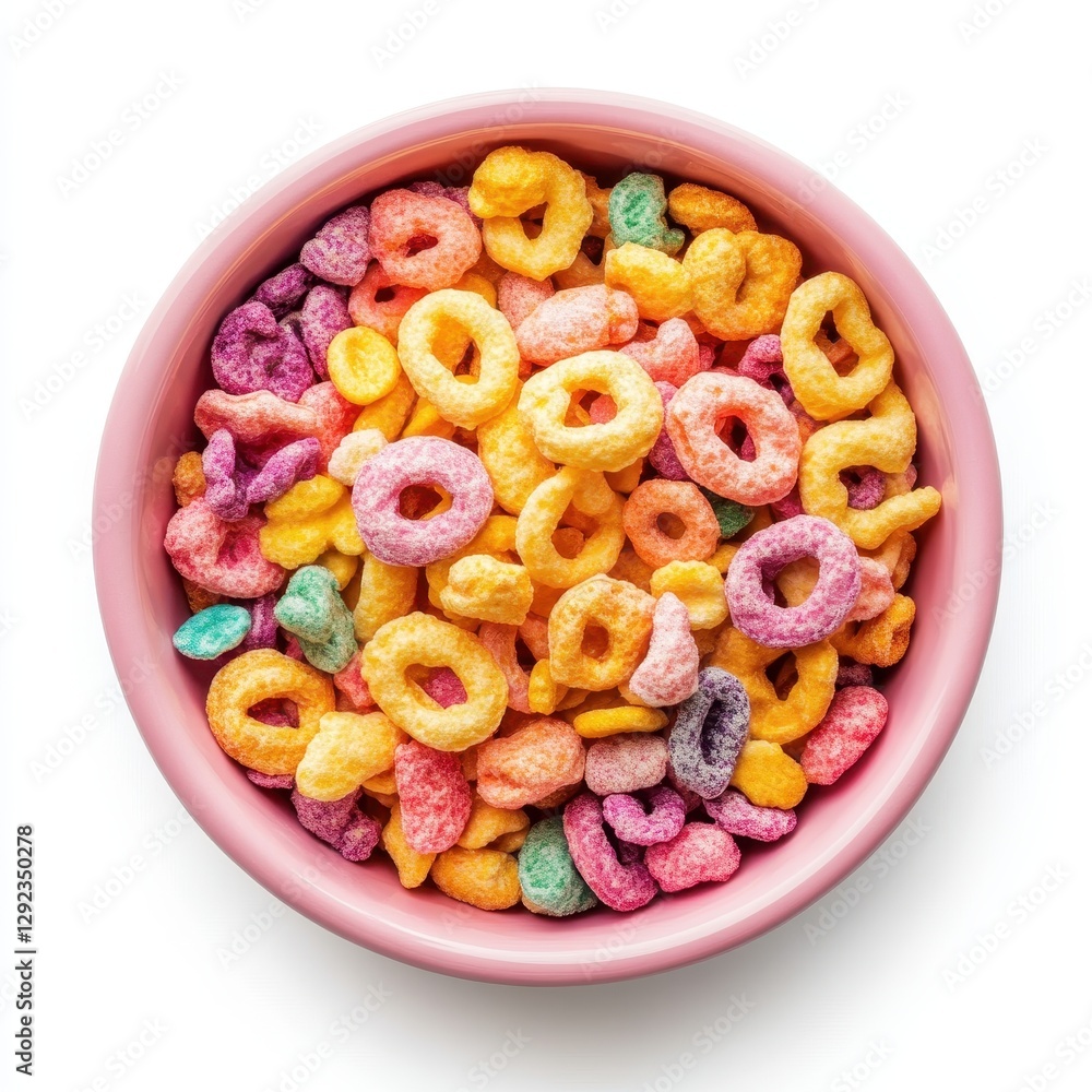 Colorful Kids Cereal in a Pink Bowl on a Clean White Background Colorful Kids Cereal in a Pink Bowl on a Clean White Background