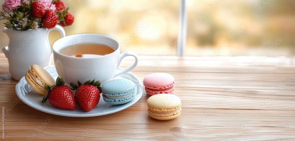 White Teapot and Cup of Tea with Macarons and Strawberries on Wooden Table White Teapot and Cup of Tea with Macarons and Strawberries on Wooden Table