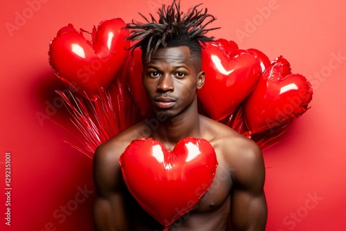 Valentine's day greeting from man or for man: dazzling, image of loving black young guy. Love confession. Commercial promotion creative. Manâ€™s desire. Digital romance marketing. photo