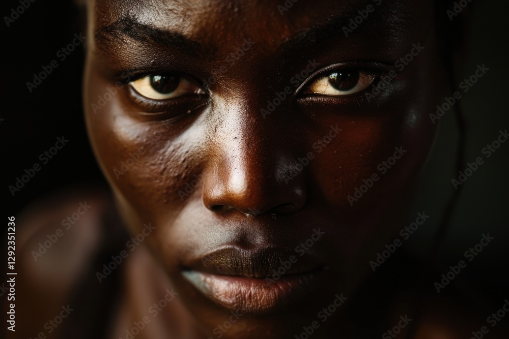 Resilient survivor a determined gaze close-up soft light cartoon impact strength shines through dark skin. Resilient survivor a determined gaze close-up soft light cartoon impact strength shines through dark skin.