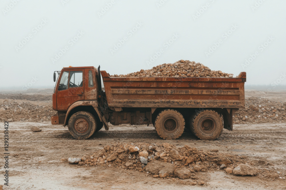 Obraz premium A rusty dump truck is parked in a dirt field