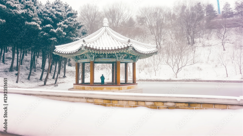 Fototapeta premium A traditional winter scene of a pagoda in the snow, surrounded by trees. The peaceful setting captures the essence of cold, snowy weather and traditional architecture.