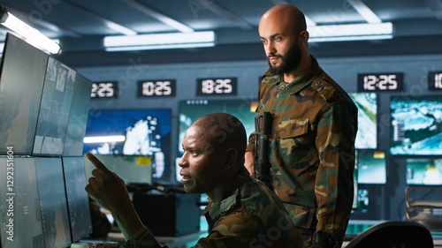 Canvastavla Military officers looking at tracking equipment screens to gain info against enemies