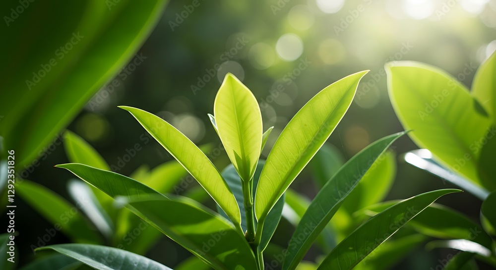 Obraz premium Vibrant green leaves, closeup nature photography, soft bokeh background, sunlight filtering through foliage, fresh spring growth, lush tropical plants, sharp focus on leaf details, bright natural ligh