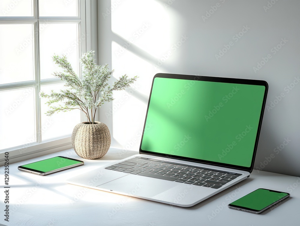 Fototapeta premium Modern Workspace Mockup with Laptop and Smartphone in Minimalist Design