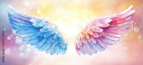 Elegant Angel Wings Watercolor Painting with Soft Pastel Colors and Ethereal Background