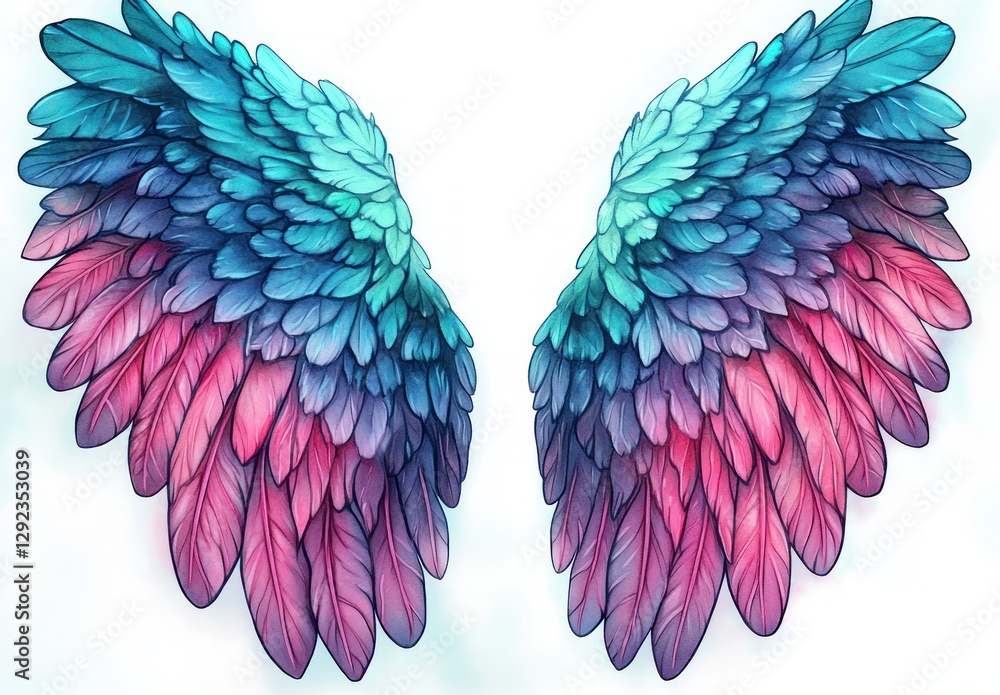 Fototapeta premium Intricate Angel Wings Watercolor Vibrant Teal Pink Ethereal Beauty Fantasy Design