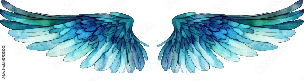 Obraz premium Turquoise Green Violet Wings with Intricate Feather Details in Watercolor Style