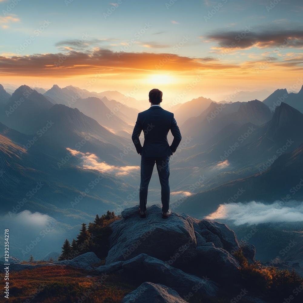 Fototapeta premium Businessman on Mountain Peak at Sunrise Illustration