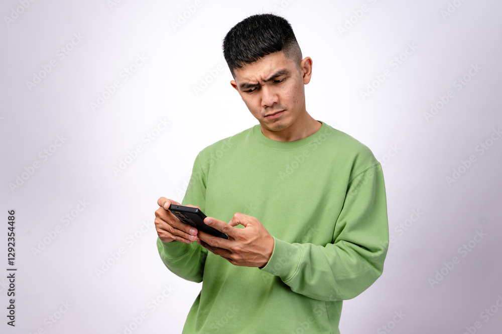 An Asian man in a green sweatshirt is focused on his smartphone, holding it with both hands while looking at the screen. His expression is neutral. The background is white An Asian man in a green sweatshirt is focused on his smartphone, holding it with both hands while looking at the screen. His expression is neutral. The background is white
