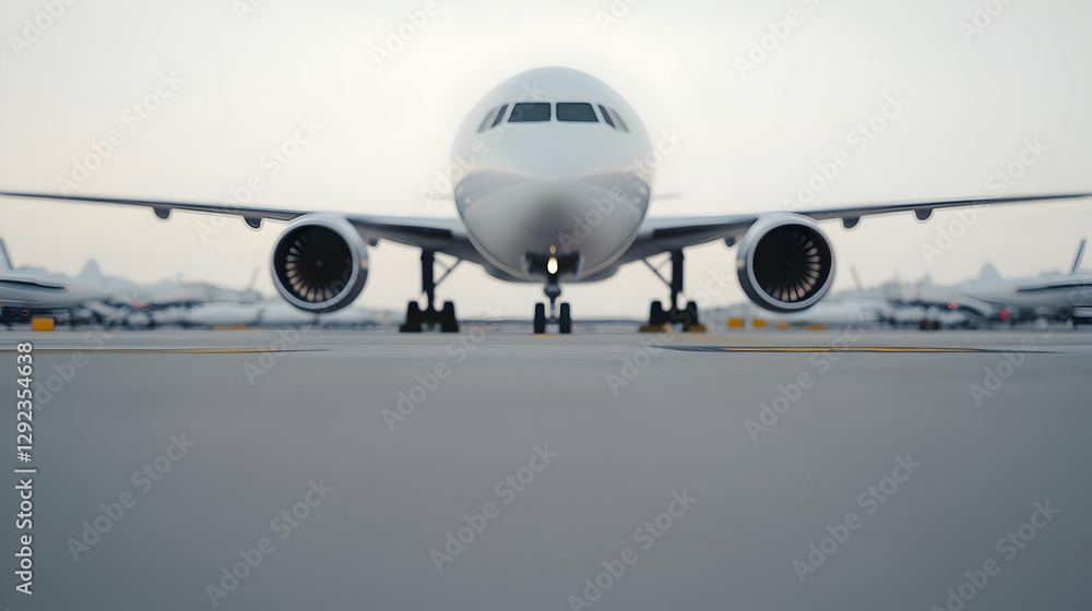 Airplane taxiing on runway, other planes in background, travel concept Airplane taxiing on runway, other planes in background, travel concept