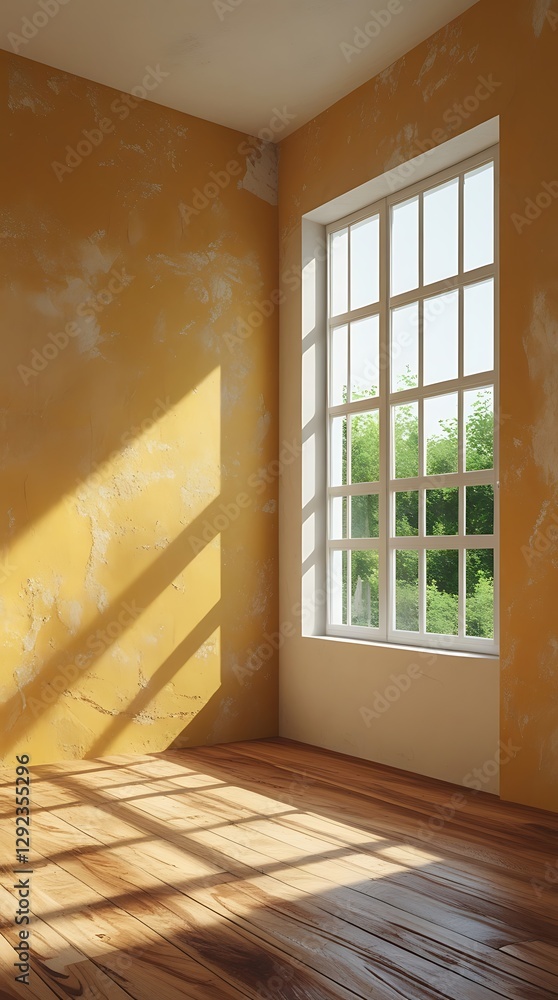 Obraz premium A sunlit room with a large window, warm yellow textured walls, and wooden flooring. The natural light casts soft shadows, creating a cozy and rustic atmosphere perfect for design backgrounds.
