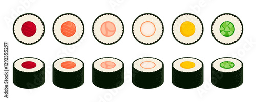 Set of sushi maki rolls with salmon, tuna, shrimp, kani, egg, and cucumber, wrapped in seaweed and rice.  Japanese food, seafood cuisine concept. Flat vector illustration isolated on white background