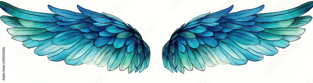 Fototapeta premium Turquoise Green Violet Wings Watercolor Art Elegant Nature Fantasy Avian Beauty Spiritual Feather Design