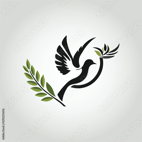 Elegant Black Dove Vector Logo, Olive Branch Peace Symbol, Icon Design.