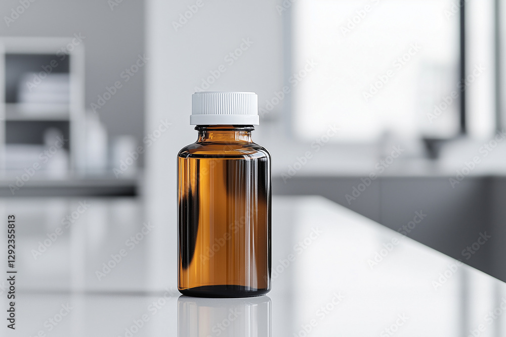 Amber glass bottle on a clean countertop in a modern lab during daylight hours Amber glass bottle on a clean countertop in a modern lab during daylight hours