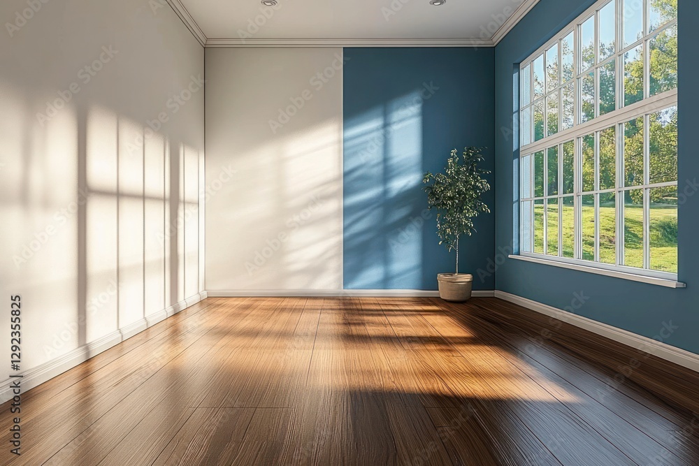 Half Renovated Modern Interior Design Room with Blue and White Walls and Natural Light Half Renovated Modern Interior Design Room with Blue and White Walls and Natural Light