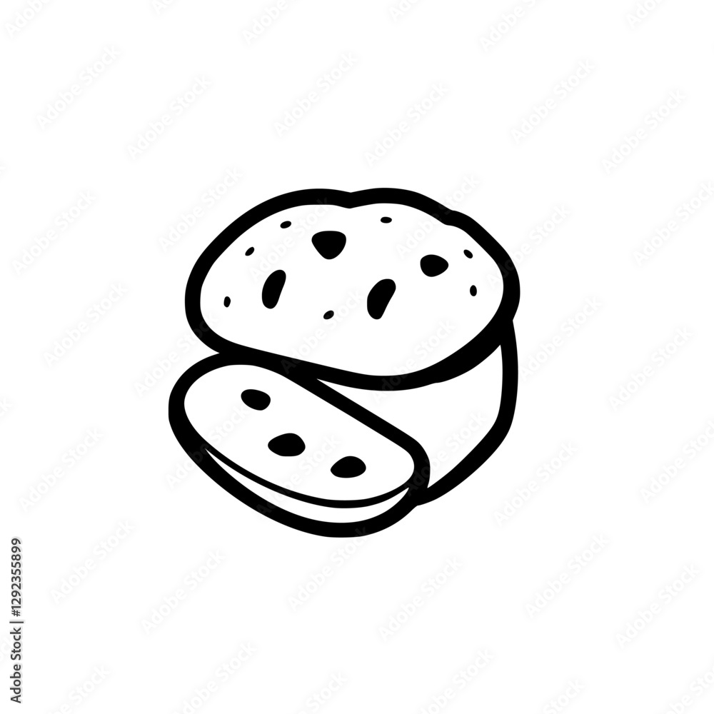 Black and White illustration of a round bread cut in half, on a white background. Black and White illustration of a round bread cut in half, on a white background.