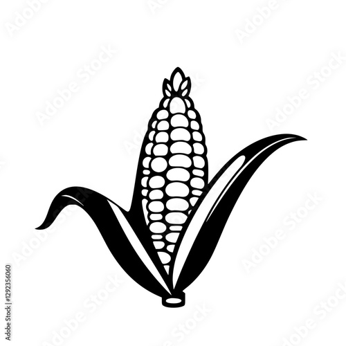 A black and white outline illustration of an ear of corn, with the leaf, the seeds, and details of corn on the cob.