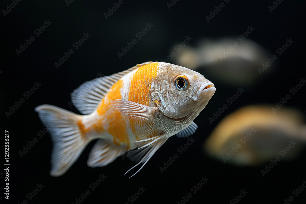 Fototapeta premium Colorful fish swimming gracefully in dark aquarium water during a tranquil moment