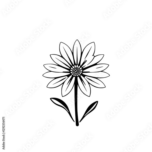 A solitary, stylized black and white outline of a daisy flower with petals, leaves, and a minimalist composition.