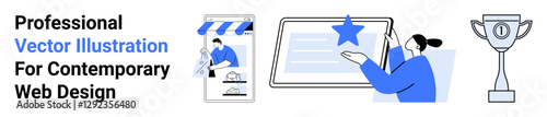 Desktop screen with design elements, mobile storefront, and trophy symbolizing creativity, e-commerce, success. Ideal for design, technology, marketing, business apps education flat landing page