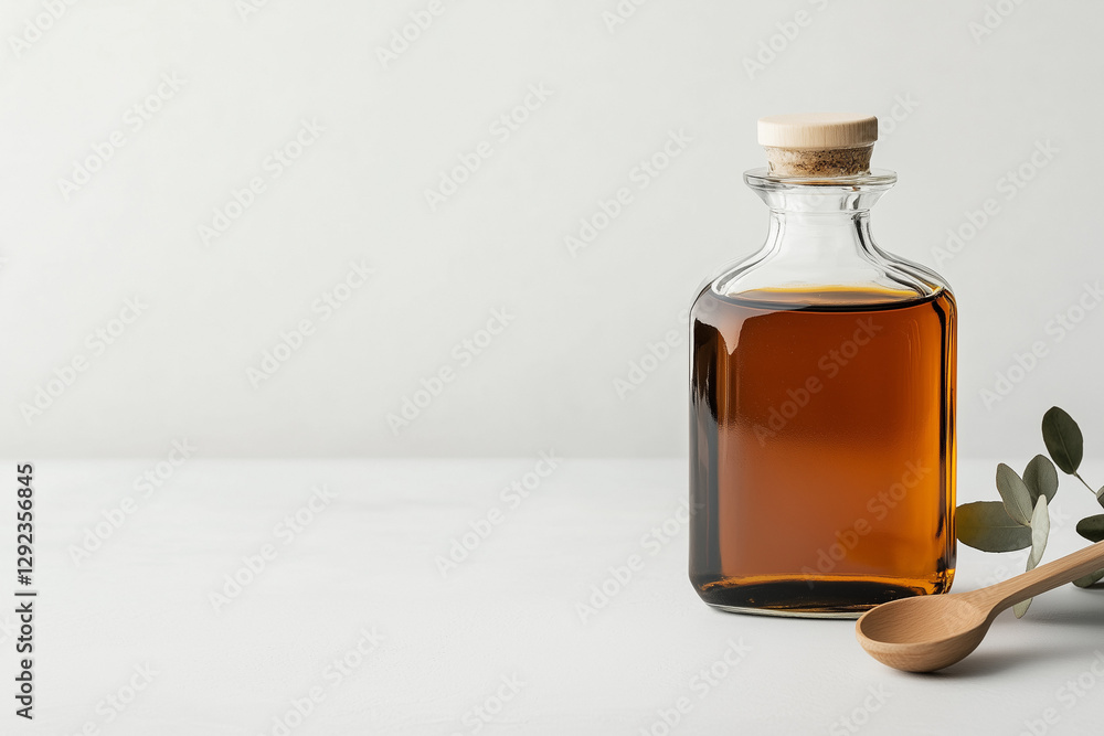 Elegant glass bottle containing dark liquid next to wooden spoon and green leaves on neutral background Elegant glass bottle containing dark liquid next to wooden spoon and green leaves on neutral background