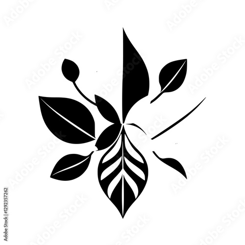 Black and white floral arrangement with leaves.